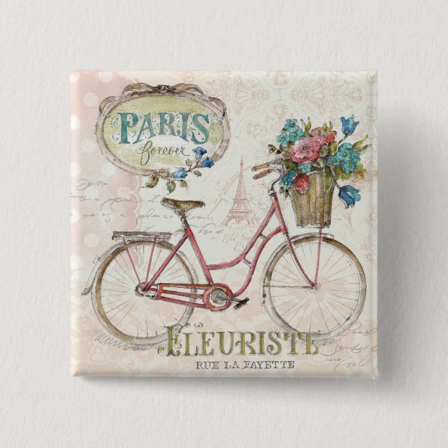 Paris Bike With Flowers In Front 15 Cm Square Badge (Front)