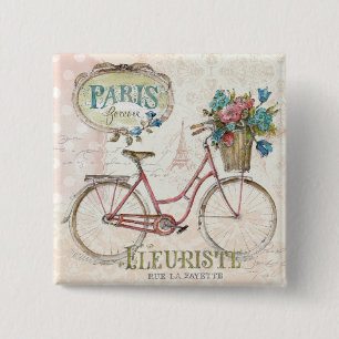 Paris Bike With Flowers In Front 15 Cm Square Badge