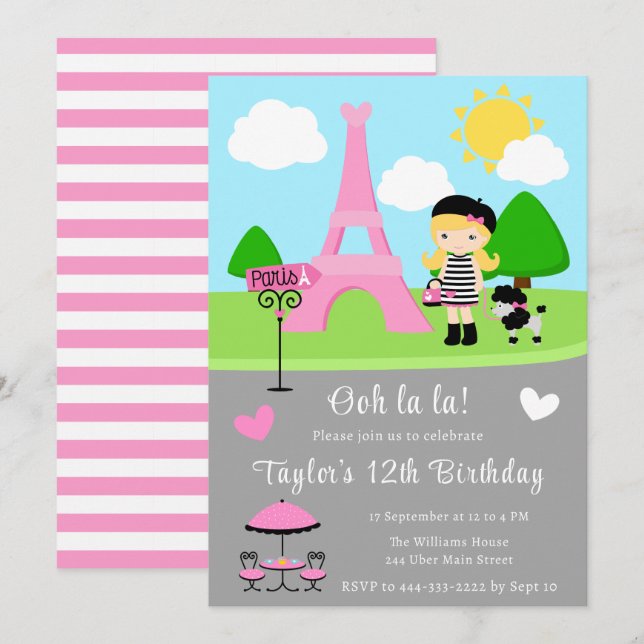 Paris Birthday Blonde Hair Girl and Poodle Invitation (Front/Back)