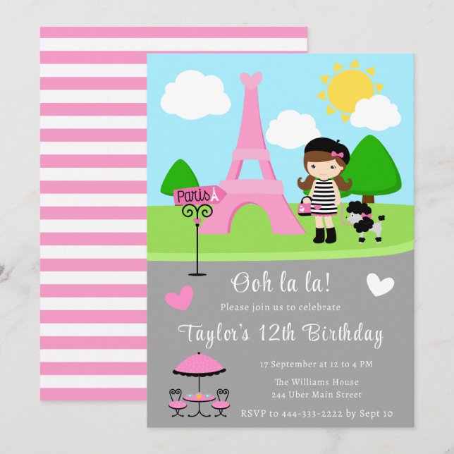 Paris Birthday Brunette Hair Girl and Poodle Invitation (Front/Back)