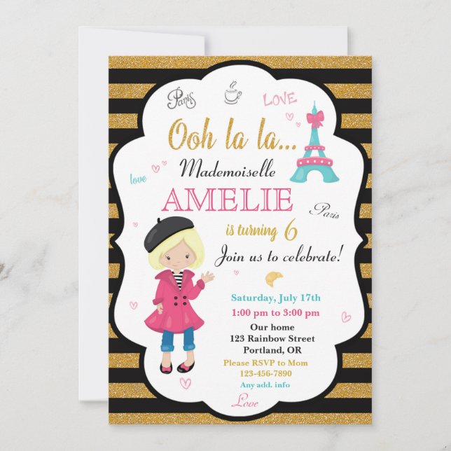 Paris birthday invitation Girl Eiffel tower invite (Front)
