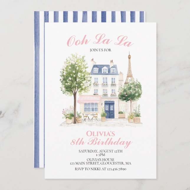 Paris Birthday Parisian Cafe Tea Party Invitation (Front/Back)