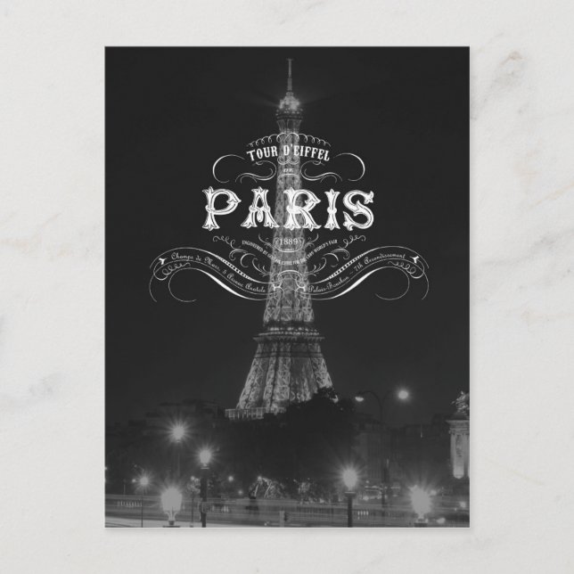 Paris Black and White Travel Postcard Eiffel Tower (Front)