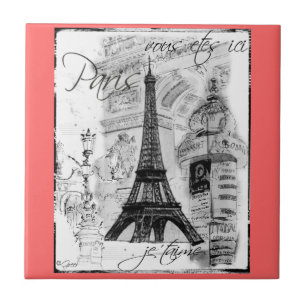 Paris Black & White Eiffel Tower Street Scene Tile