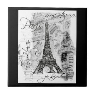 Paris Black & White Eiffel Tower Street Scene Tile