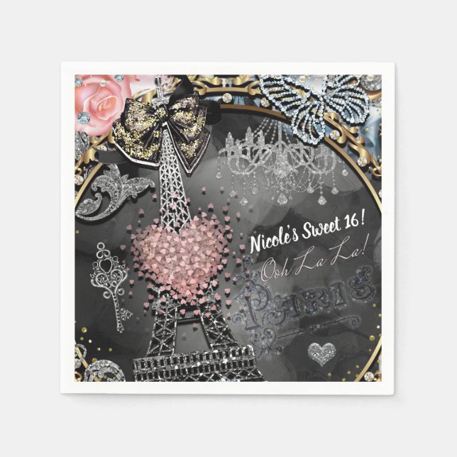 Paris Bling Glamour Sparkle France Sweet 16 Party Napkin (Front)