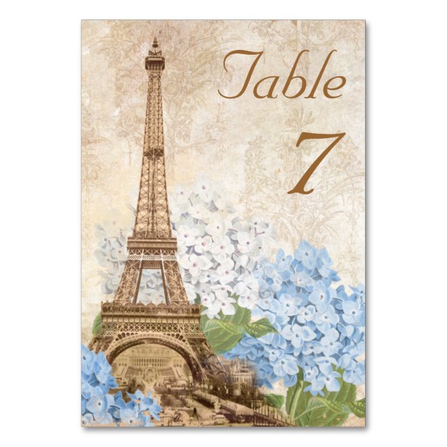 Paris Blue Hydrangea Vintage Romantic Table Card (Front)