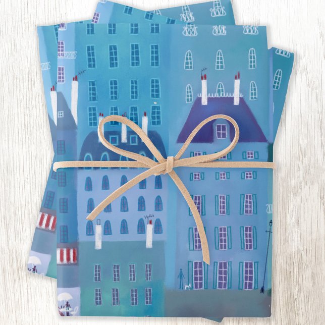 Paris Blues Cityscape Painting France Wrapping Paper Sheet (Paris France pattern gift wrapping paper )