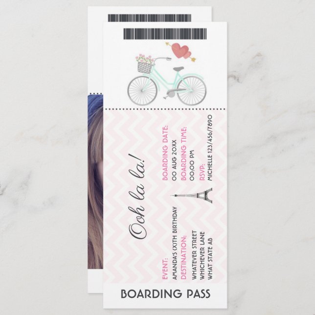 Paris Boarding Pass Birthday add photo Invitation (Front/Back)