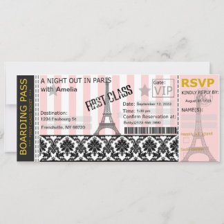 Paris Boarding Pass Invitation, Bridal, Birthday Invitation