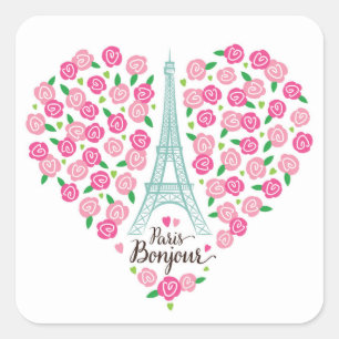 Paris Bonjour   Floral Heart Square Sticker