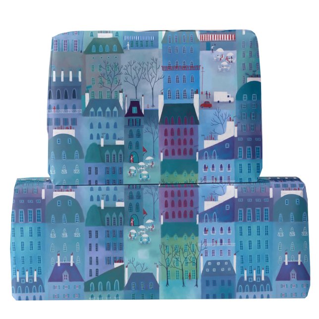 Paris Buildings Blue Art Wrapping Paper (Paris France buildings art gift wrapping paper)