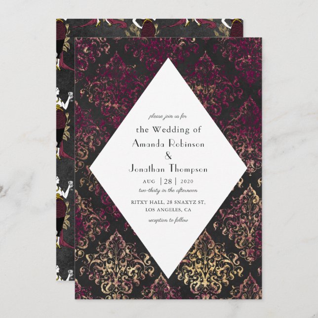 Paris Burgundy and Faux Gold Wine Art Deco Wedding Invitation (Front/Back)