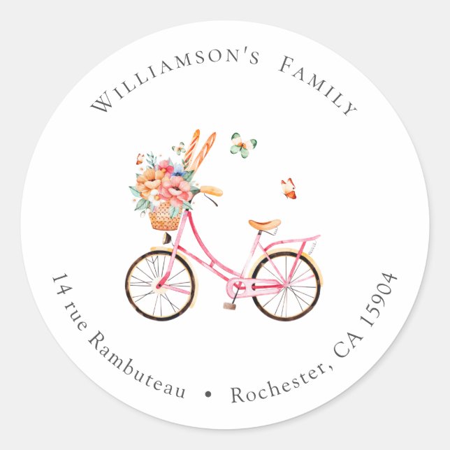 Paris Cafe Boulangerie Bicycle Watercolor Address Classic Round Sticker (Front)