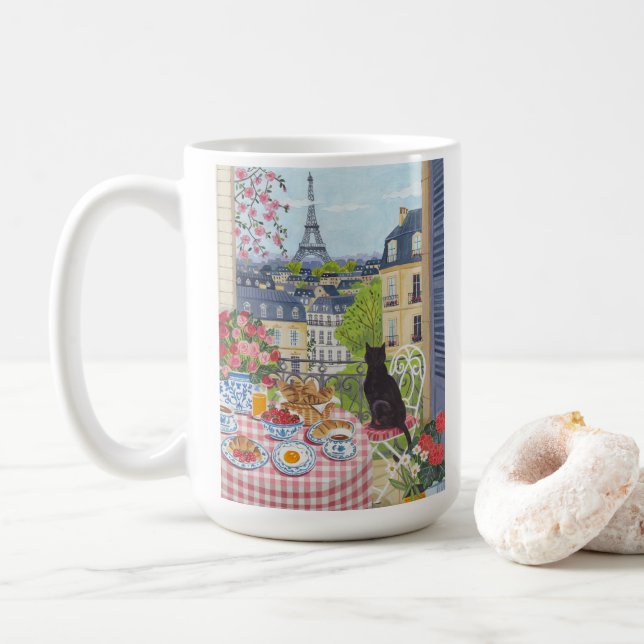 Paris Café Illustration Eiffel Tower Coffee Mug (With Donut)
