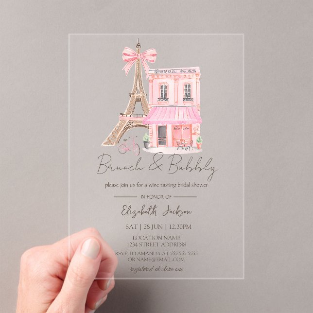 Paris Cafe  Pink Striped Brunch and Bubbly Acrylic Invitations (Insitu (Handheld))