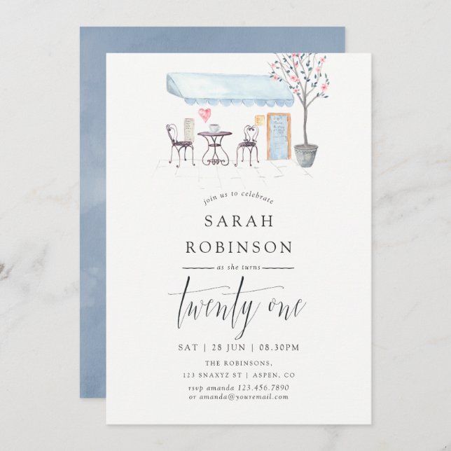 Paris Cafe Watercolor 21st Birthday Party Invite (Front/Back)