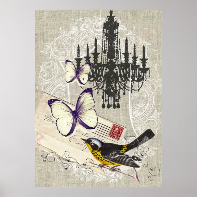 Paris chandelier butterfly bird modern vintage poster (Front)