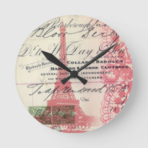 Paris chic french scripts lace pink eiffel tower round clock