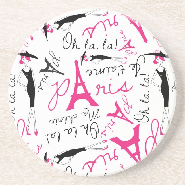 Paris Chic Pink Black and White Coaster (Front)