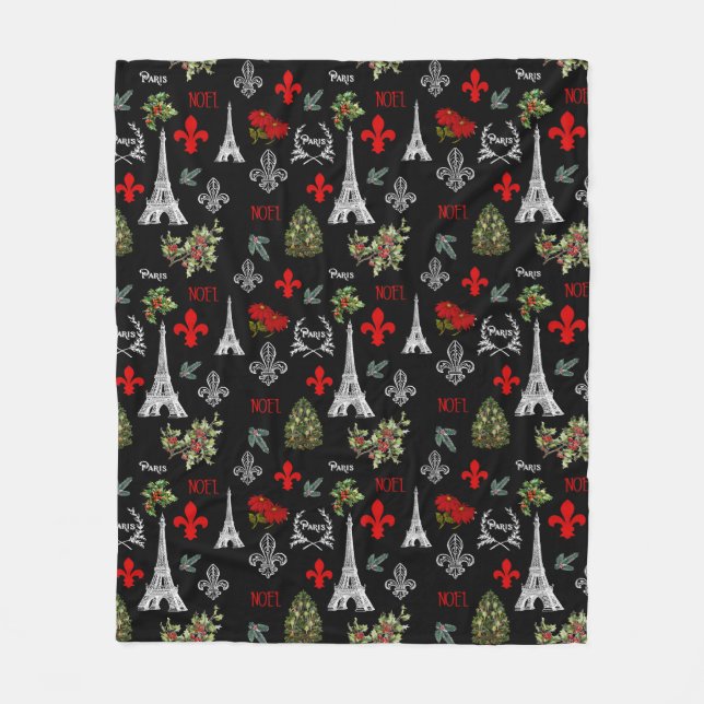 Paris Christmas Eiffel Tower Black Fleece Blanket (Front)