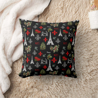 Paris Christmas Eiffel Tower Black Throw Pillow