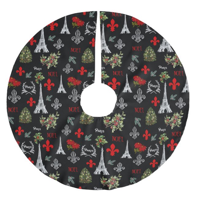 Paris Christmas Eiffel Tower Black Tree Skirt (Front)