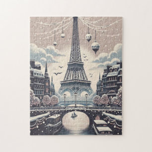 Paris Christmas Poster – Eiffel Tower Snowy Winter Jigsaw Puzzle