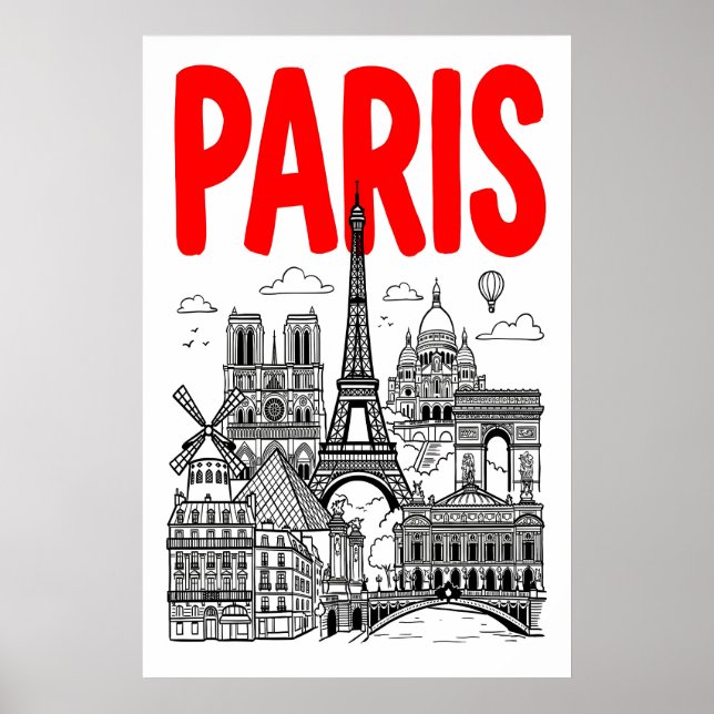 Paris City Art Print Bold Red Typography with (Front)