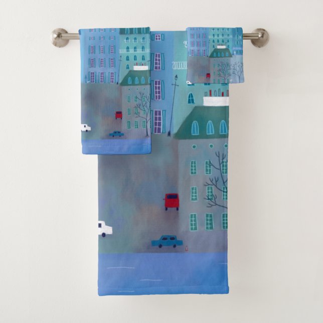 Paris Cityscape Painting in Blue Bath Towel Set (Insitu)