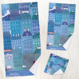 Paris Cityscape Painting in Blue Bath Towel Set
