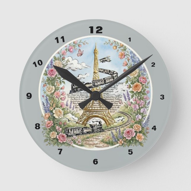 Paris Clock, Romantic Eiffel Tower, French Art Round Clock (Front)