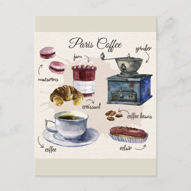 Paris coffee and pastry treats illustration postcard (Front)
