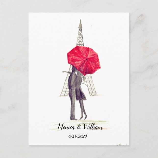 Paris couple Eiffel Tower red umbrella Wedding Postcard (Front)