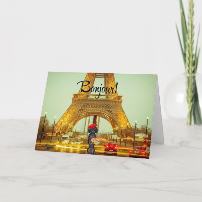Paris Dachshund Greeting Card Bonjour (Front)