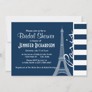 Paris; Dark Midnight Blue Horizontal Stripes Invitation