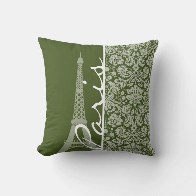 Paris; Dark Moss Green Damask Cushion (Front)