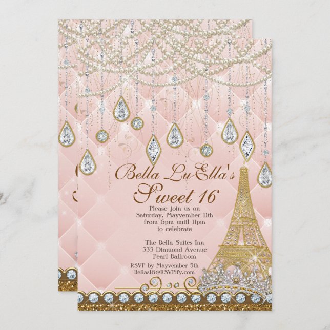 Paris Diamond and Pearls Birthday Party Invitation (Front/Back)