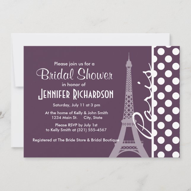 Paris; Eggplant Purple Polka Dots Invitation (Front)