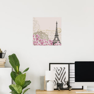 Paris Eifel Tower Square Vintage Pink Roses Art Poster