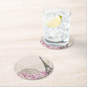 Paris Eifel Tower Square Vintage Pink Roses Art Round Paper Coaster