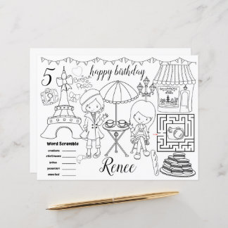 Paris Eiffel activity colour sheet placemats