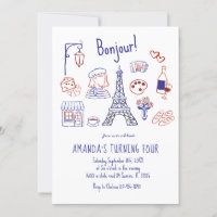 Paris Eiffel Birthday Hand Drawn Invitation