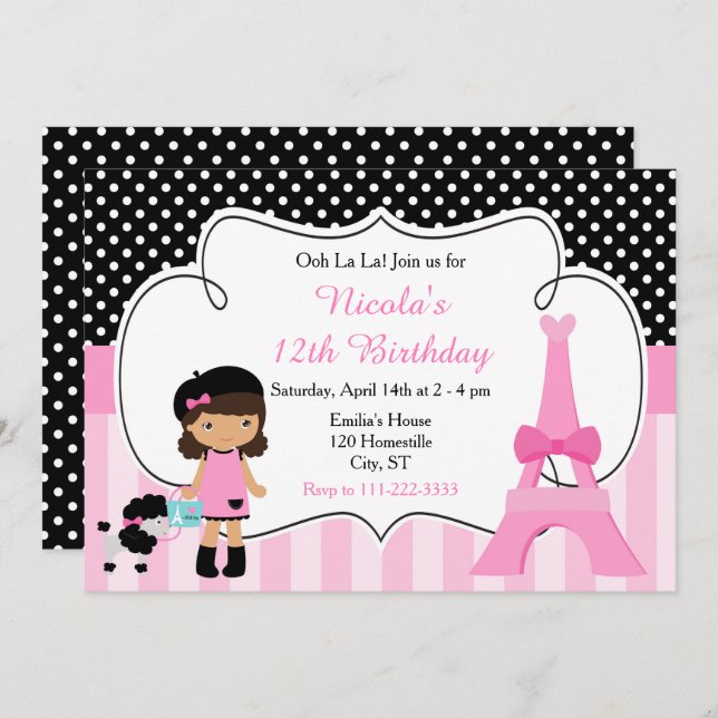 Paris Eiffel Tower African American Girl  Party Invitation (Front/Back)