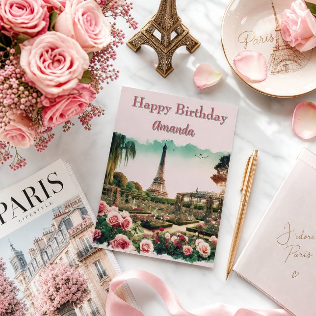 Paris Eiffel Tower and Pink Roses Birthday  (This mockup is a digital representation created using generative AI tools to showcase the design)