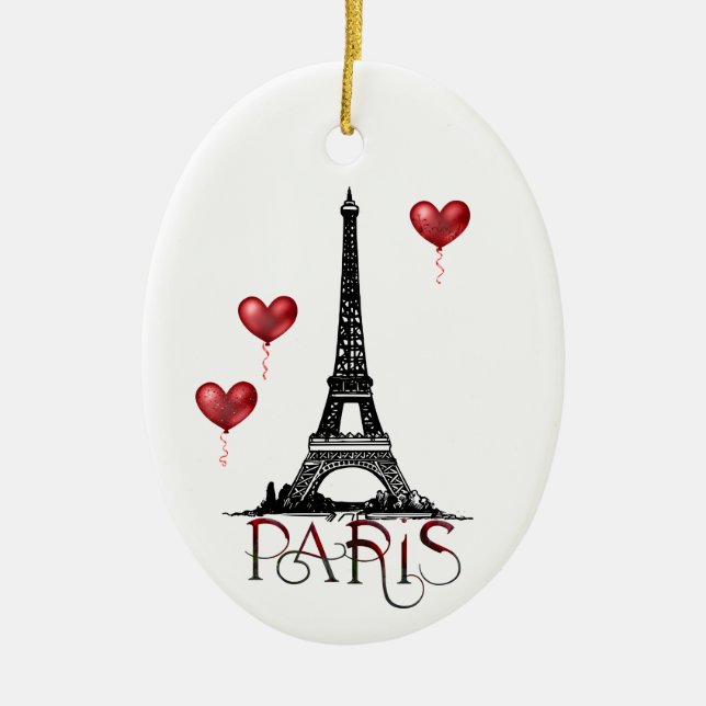 Paris, Eiffel Tower and Red Balloons Christmas Ceramic Tree Decoration (Front)