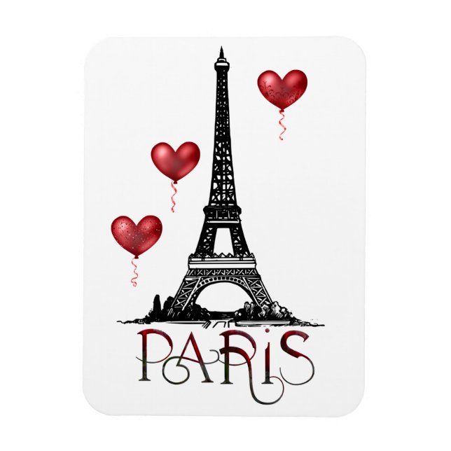 Paris, Eiffel Tower and Red Heart Balloons Magnet (Vertical)