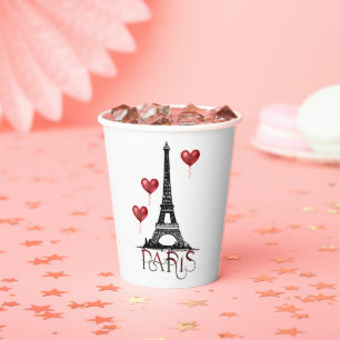 Paris, Eiffel Tower and Red Heart Balloons Paper Cups