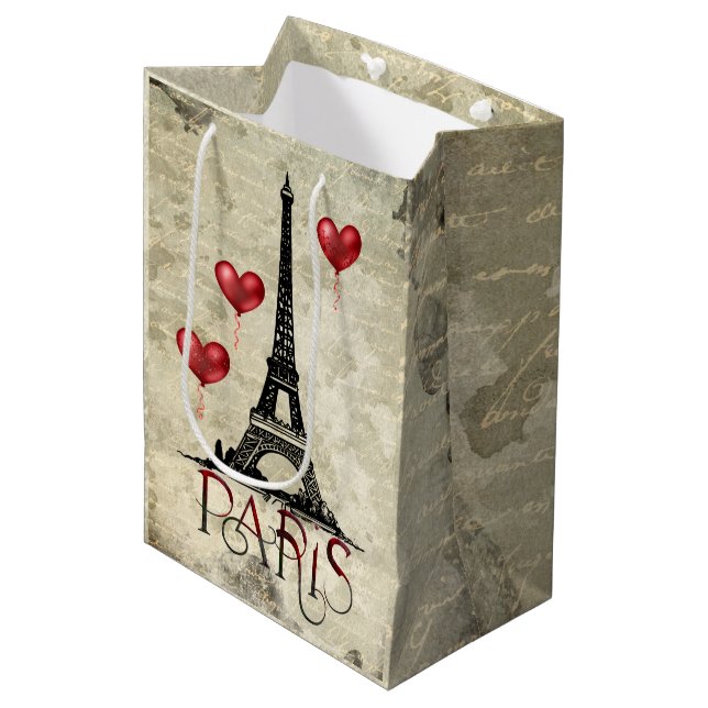 Paris, Eiffel Tower and Red Heart Balloons Script Medium Gift Bag (Front Angled)