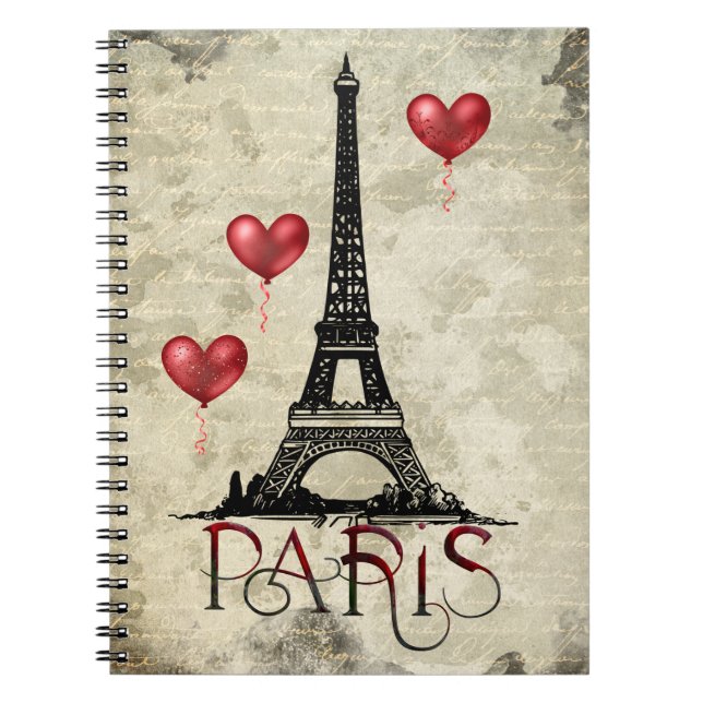 Paris, Eiffel Tower and Red Heart Balloons Script Notebook (Front)
